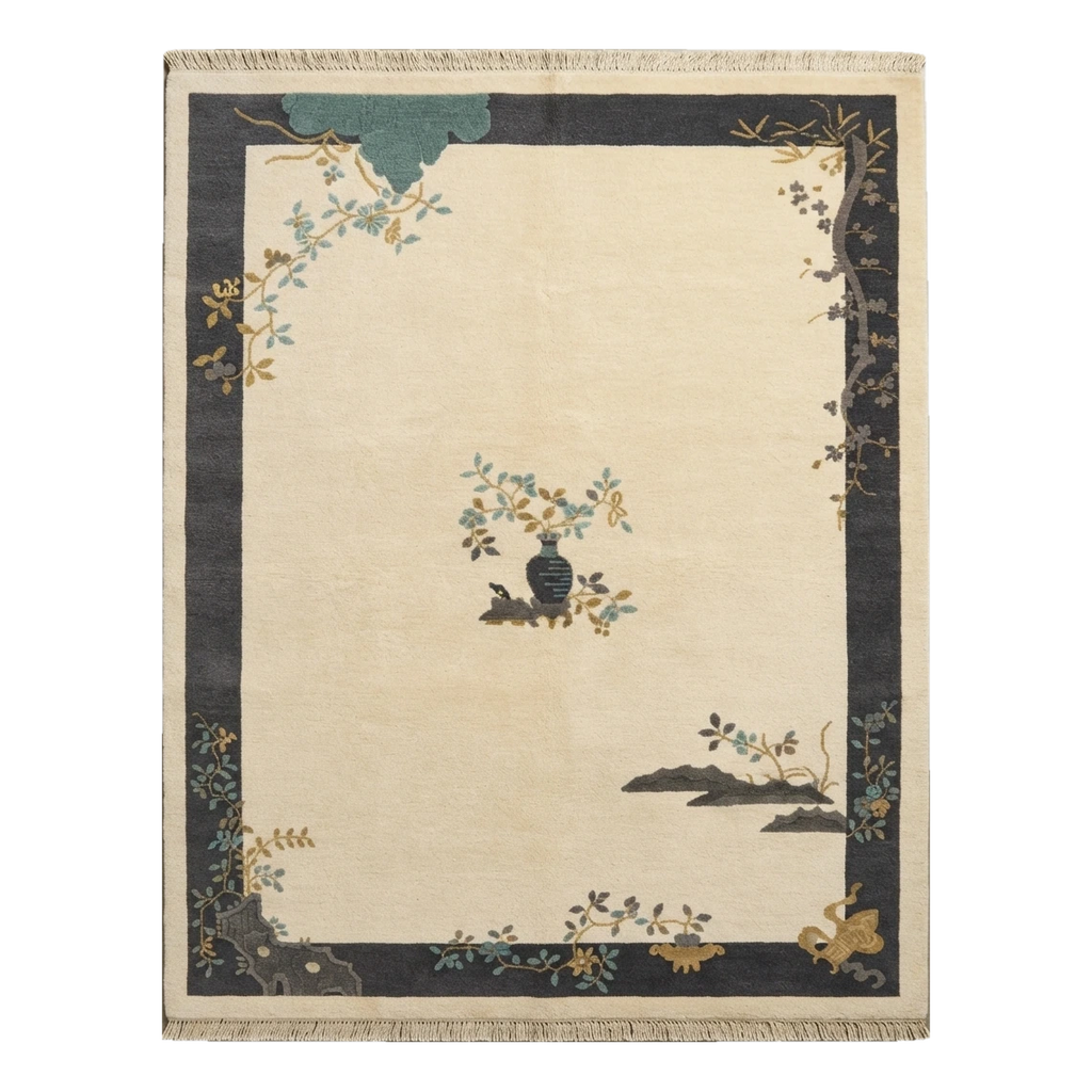 Ivory Chinese Art Deco Hand-Knotted Rug with Charcoal Landscape Border