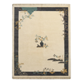 Ivory Chinese Art Deco Hand-Knotted Rug with Charcoal Landscape Border