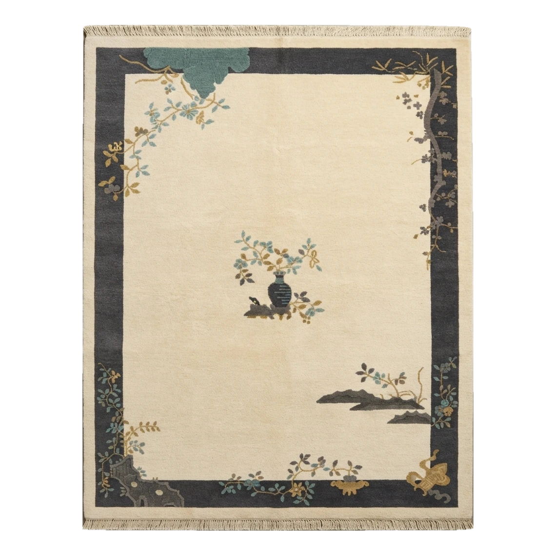 Ivory Chinese Art Deco Hand-Knotted Rug with Charcoal Landscape Border