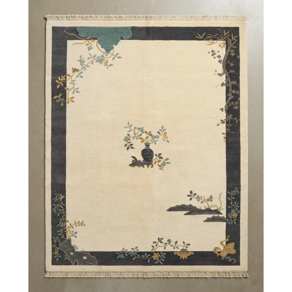 Ivory Chinese Art Deco Hand-Knotted Rug with Charcoal Landscape Border - studio photo
