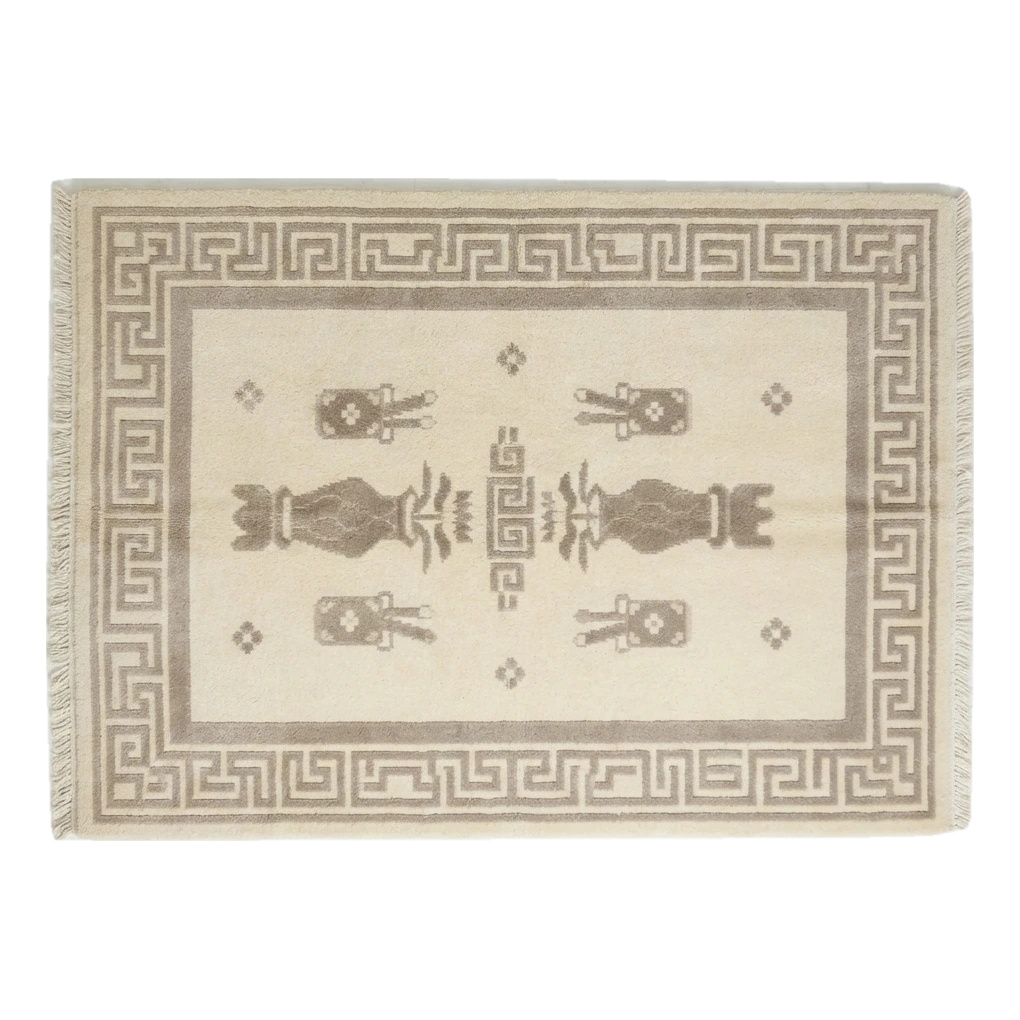 Ivory Chinese Art Deco Hand-Knotted Rug with Taupe Vase Motifs - alternate view