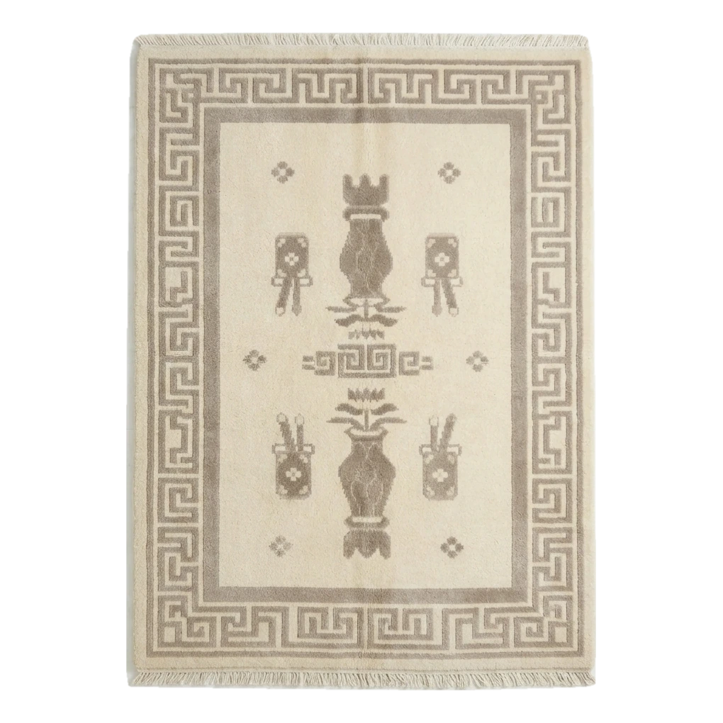 Ivory Chinese Art Deco Hand-Knotted Rug with Taupe Vase Motifs