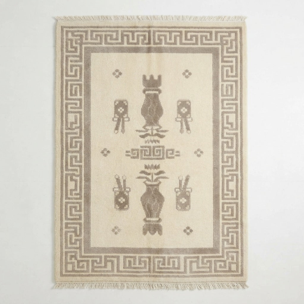 Ivory Chinese Art Deco Hand-Knotted Rug with Taupe Vase Motifs - studio photo