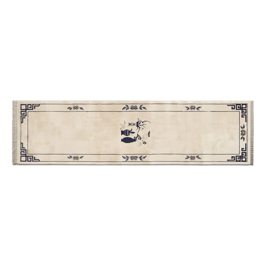 Ivory Chinese Art Deco Hand-Knotted Runner with Navy Vase Motif - alternate view