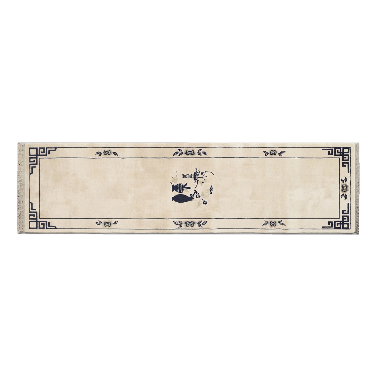 Ivory Chinese Art Deco Hand-Knotted Runner with Navy Vase Motif - alternate view