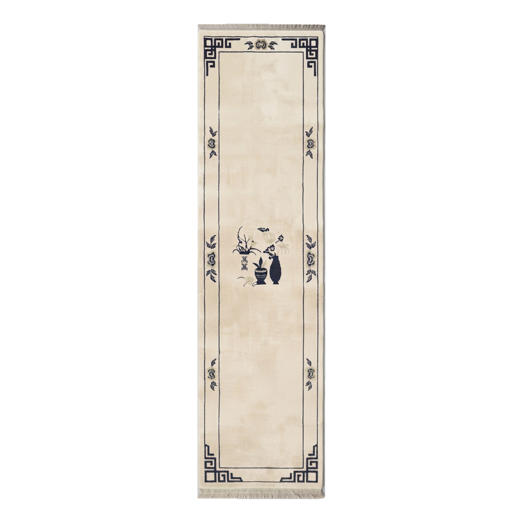Ivory Chinese Art Deco Hand-Knotted Runner with Navy Vase Motif