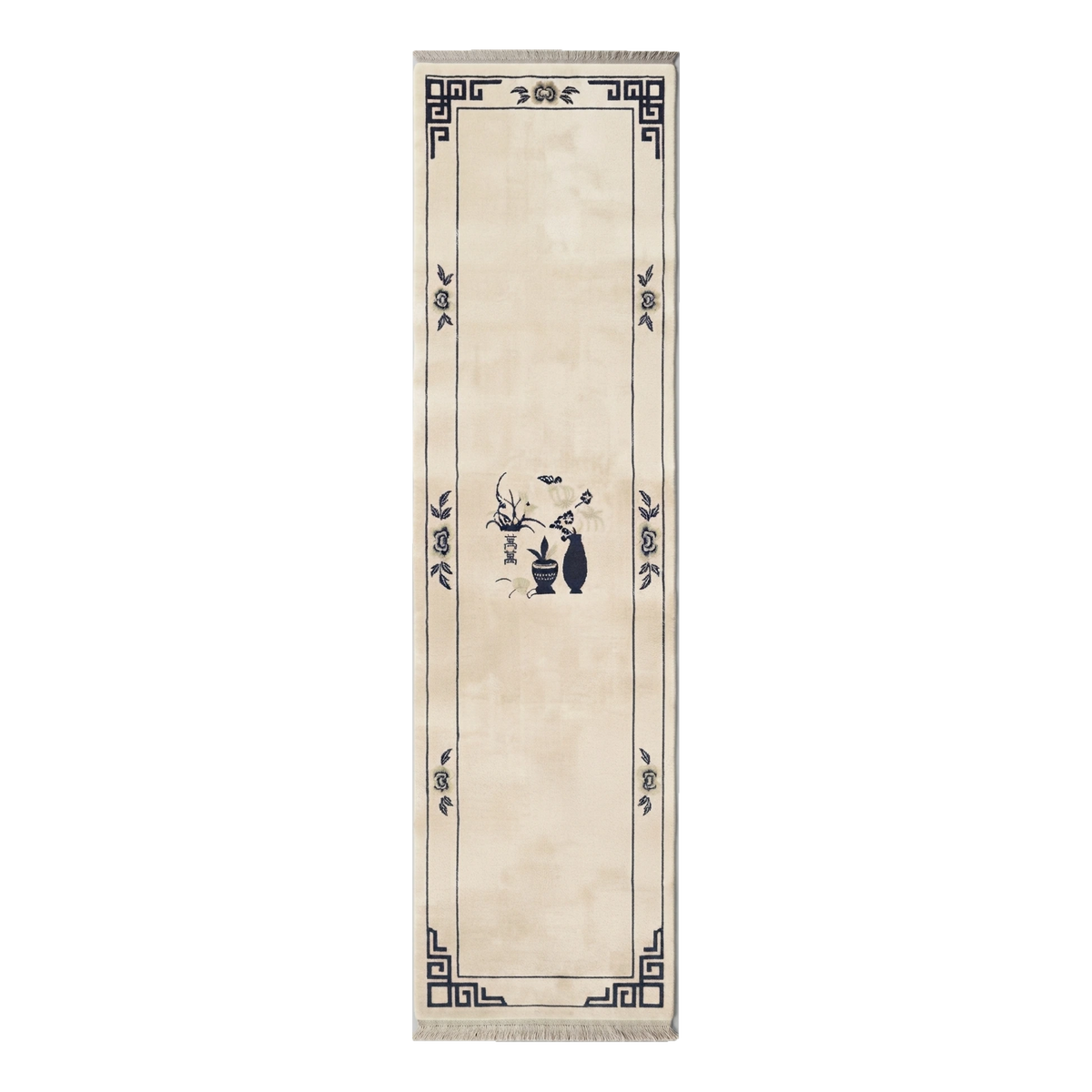 Ivory Chinese Art Deco Hand-Knotted Runner with Navy Vase Motif