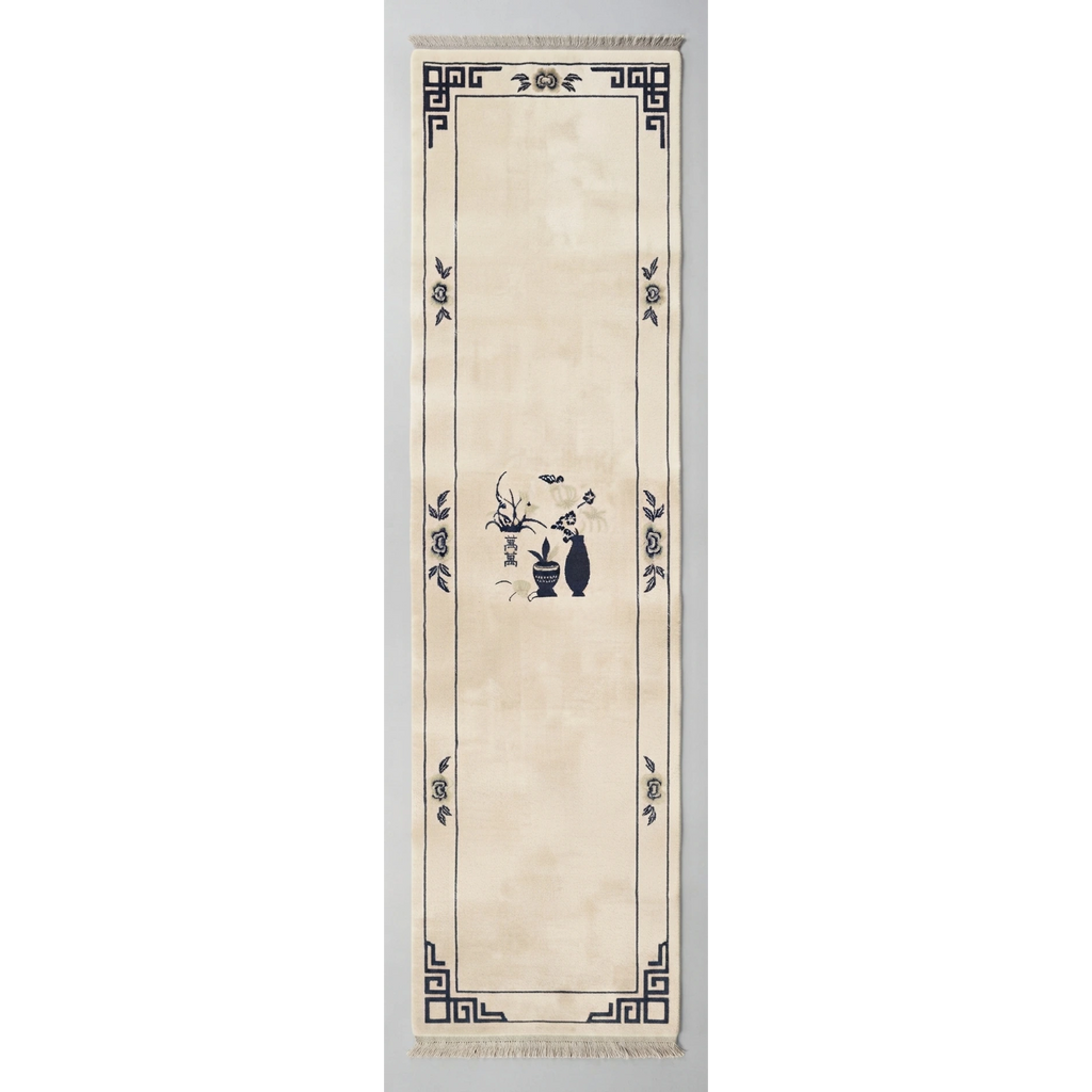 Ivory Chinese Art Deco Hand-Knotted Runner with Navy Vase Motif - studio photo