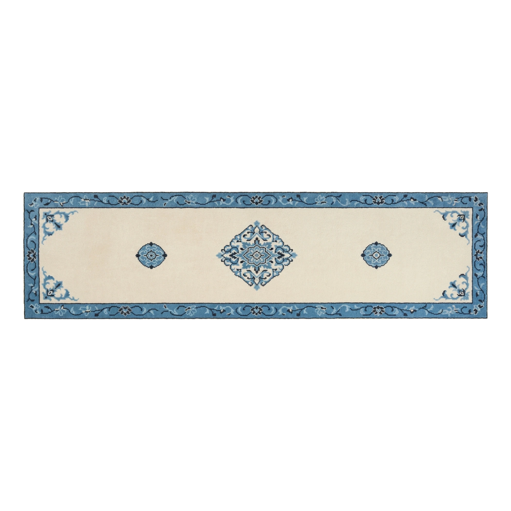 Ivory Chinese Medallion Hand-Tufted Runner with Cobalt Blue Border - alternate view