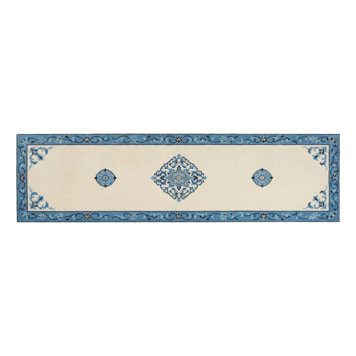 Ivory Chinese Medallion Hand-Tufted Runner with Cobalt Blue Border - alternate view