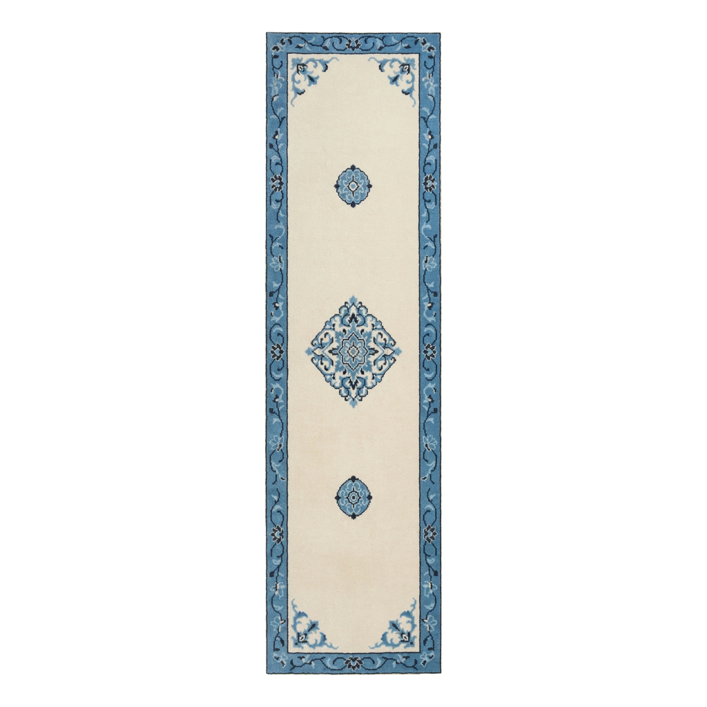 Ivory Chinese Medallion Hand-Tufted Runner with Cobalt Blue Border