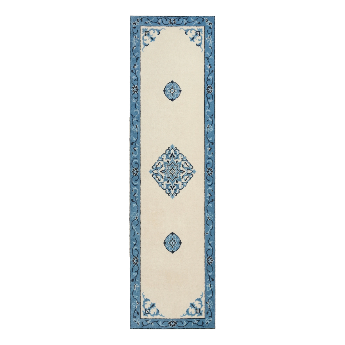 Ivory Chinese Medallion Hand-Tufted Runner with Cobalt Blue Border