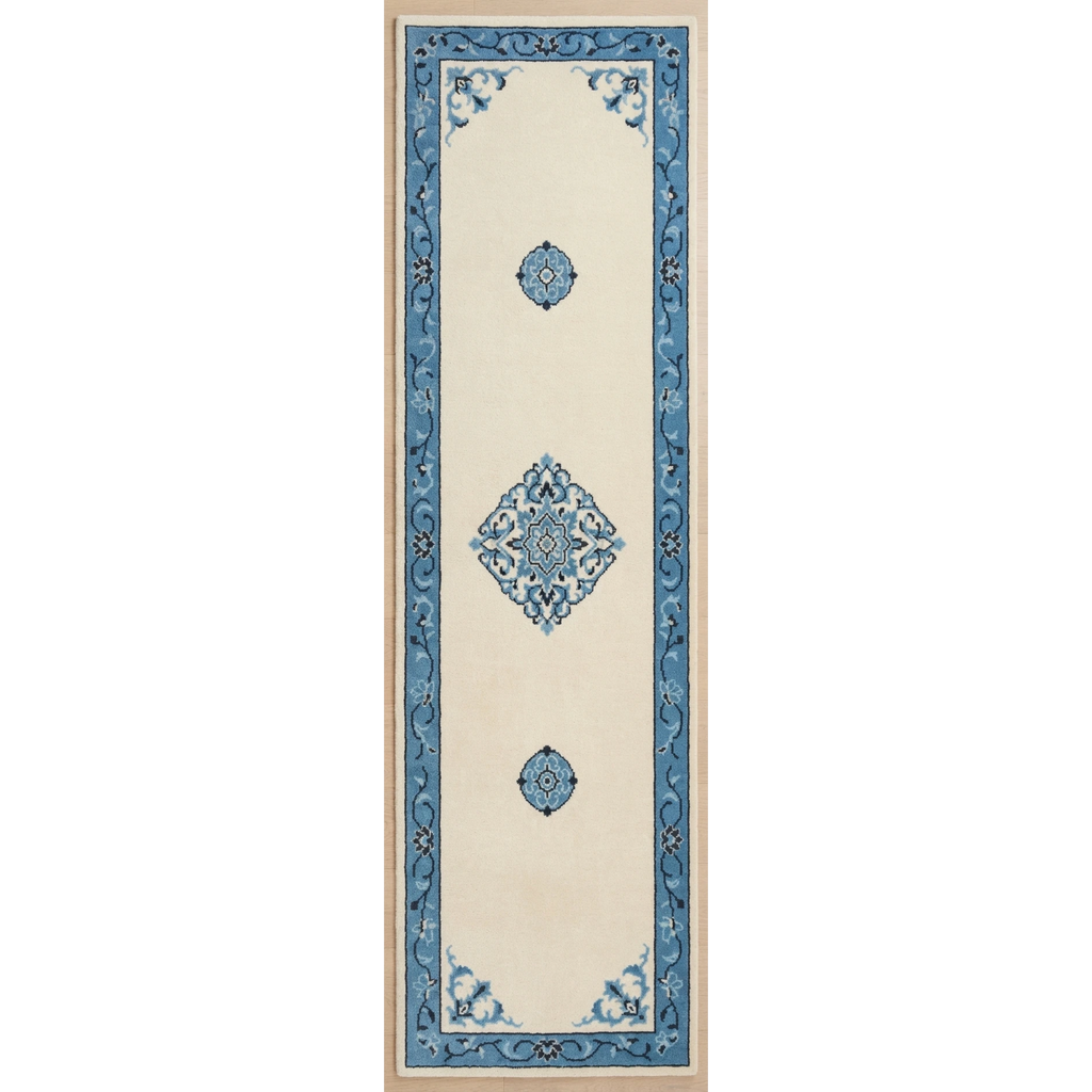 Ivory Chinese Medallion Hand-Tufted Runner with Cobalt Blue Border - studio photo
