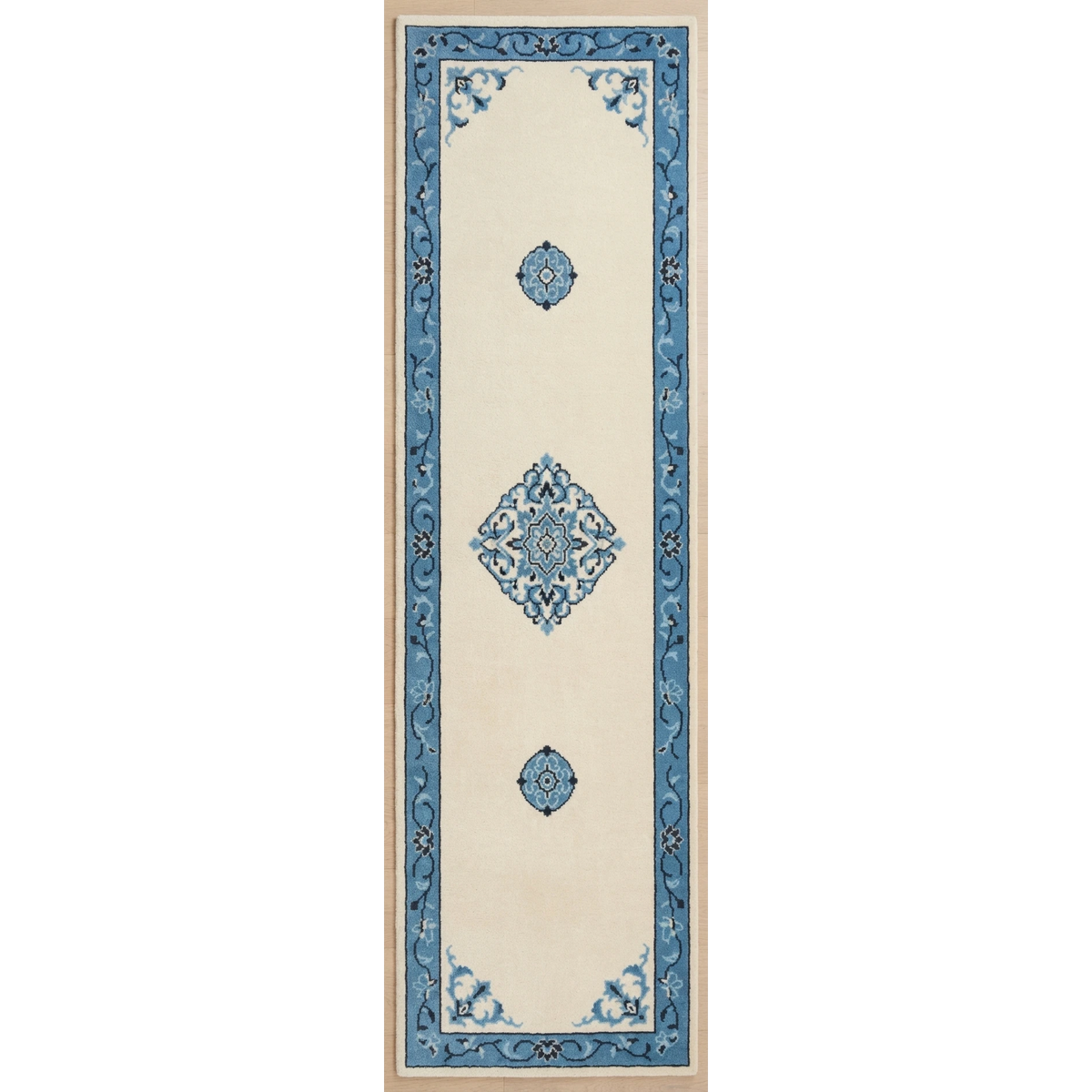 Ivory Chinese Medallion Hand-Tufted Runner with Cobalt Blue Border - studio photo