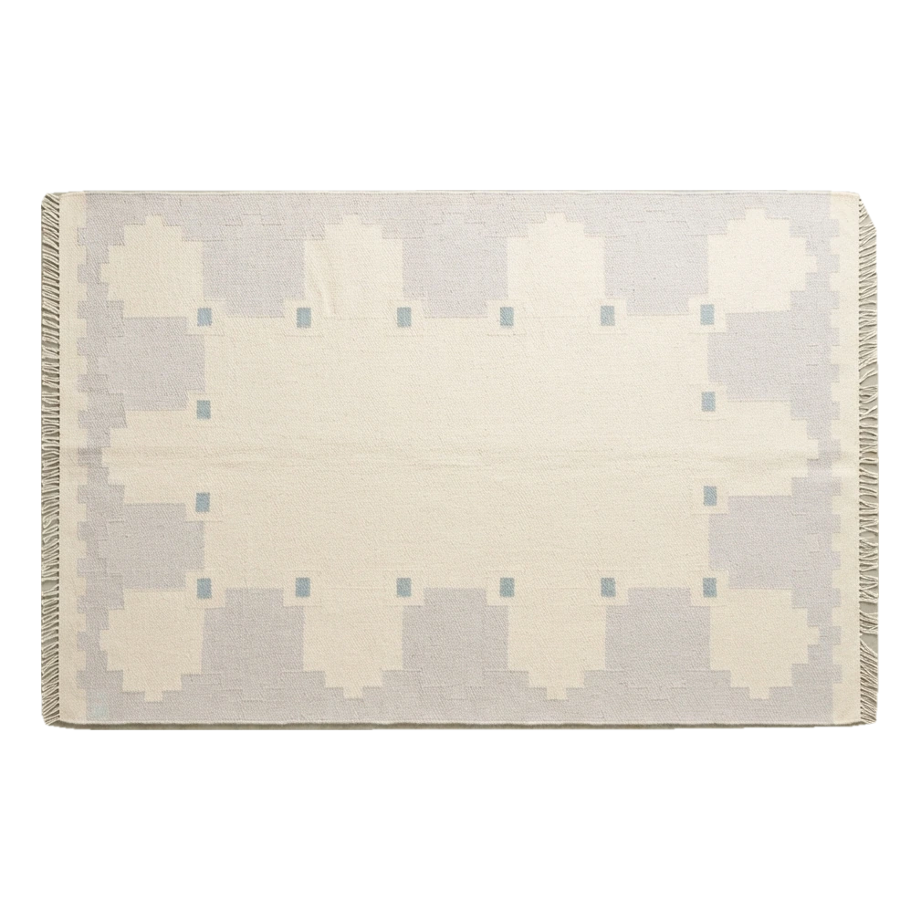 Ivory Cotton Flat Weave Rug with Lavender Scalloped Border - alternate view