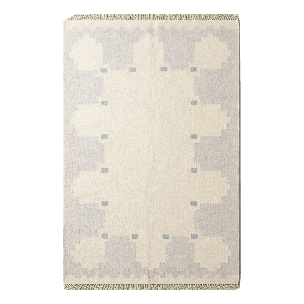Ivory Cotton Flat Weave Rug with Lavender Scalloped Border