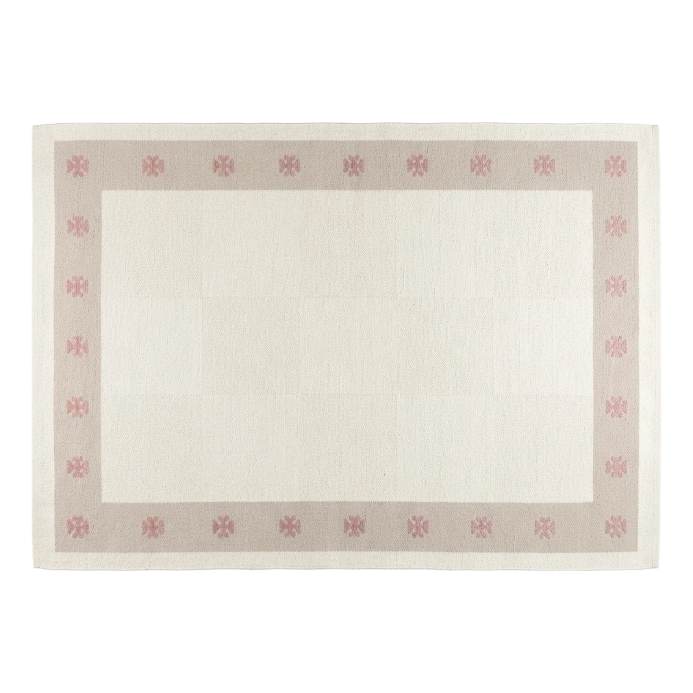 Ivory Cotton Flat Weave Rug with Pink Star Taupe Border - alternate view