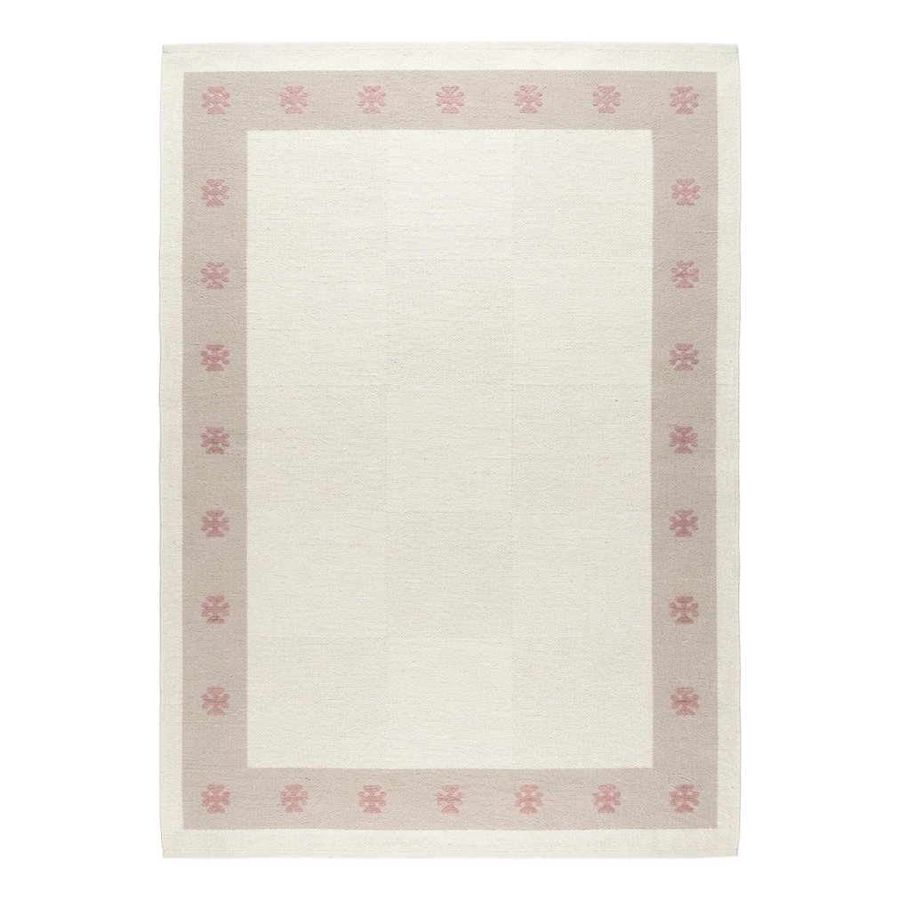 Ivory Cotton Flat Weave Rug with Pink Star Taupe Border