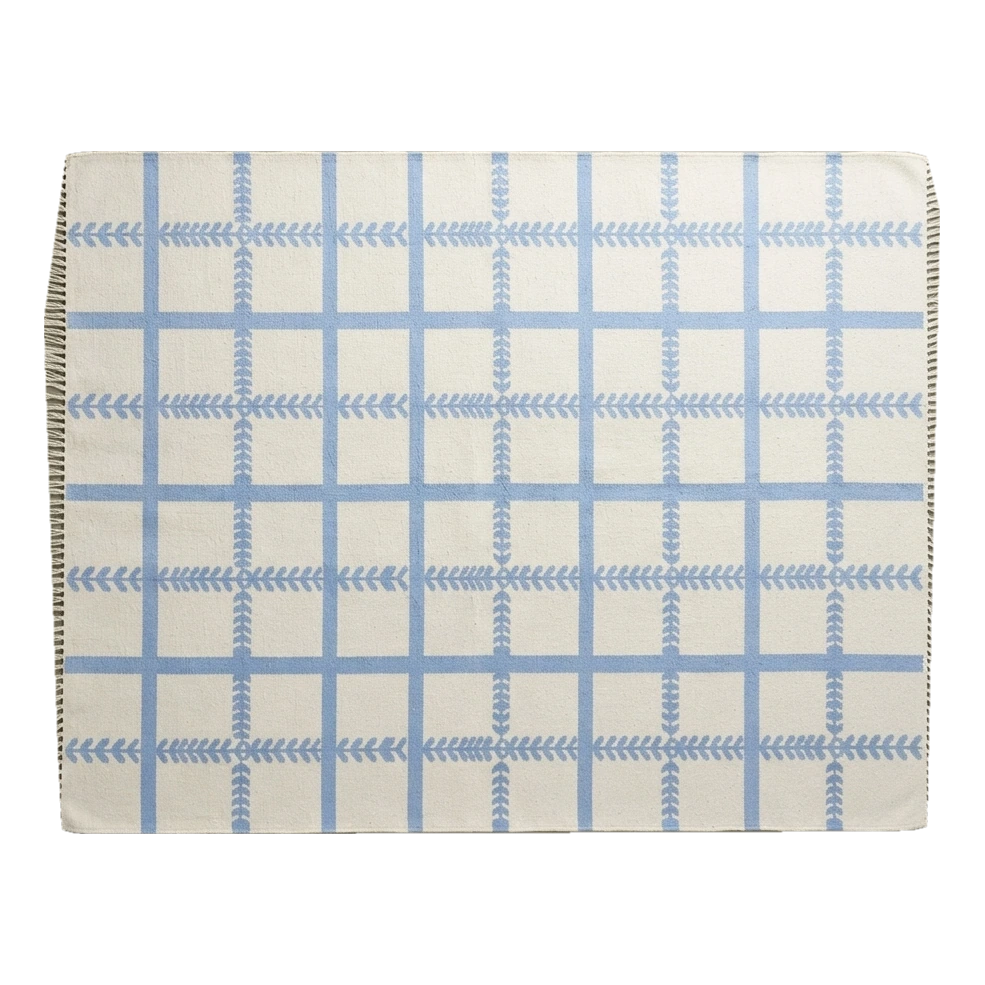 Ivory Cotton Flat Weave Rug with Powder Blue Windowpane Grid - alternate view