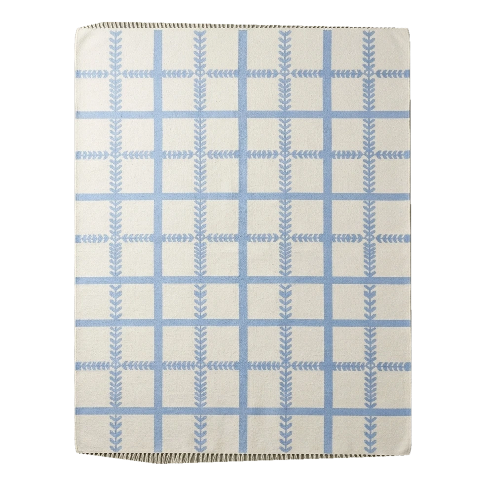 Ivory Cotton Flat Weave Rug with Powder Blue Windowpane Grid