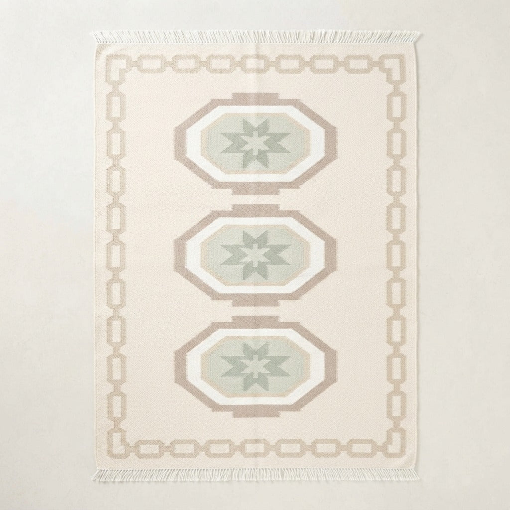Ivory Cotton Flat Weave Rug with Sage Star Medallions - studio photo