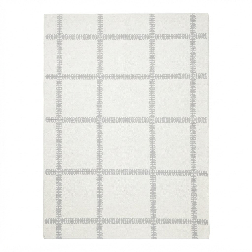 Ivory Cotton Flat Weave Rug with Soft Grey Fern Grid - studio photo