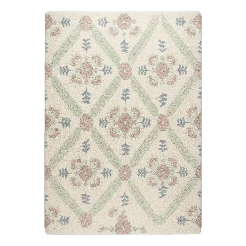 Ivory Floral Trellis Hand-Tufted Rug with Sage and Blush Accents