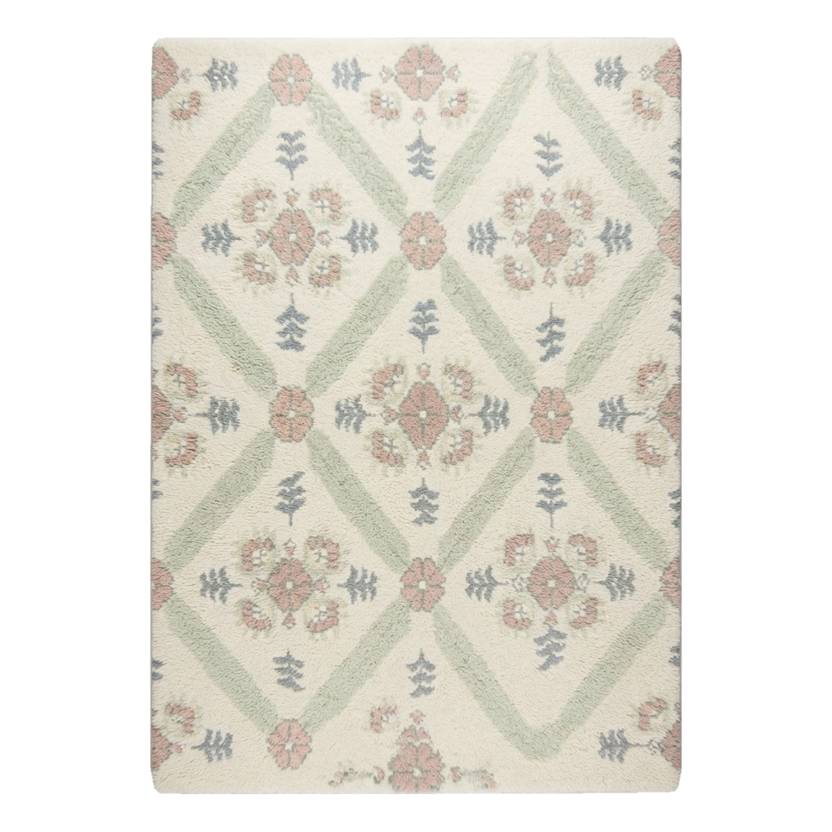 Ivory Floral Trellis Hand-Tufted Rug with Sage and Blush Accents
