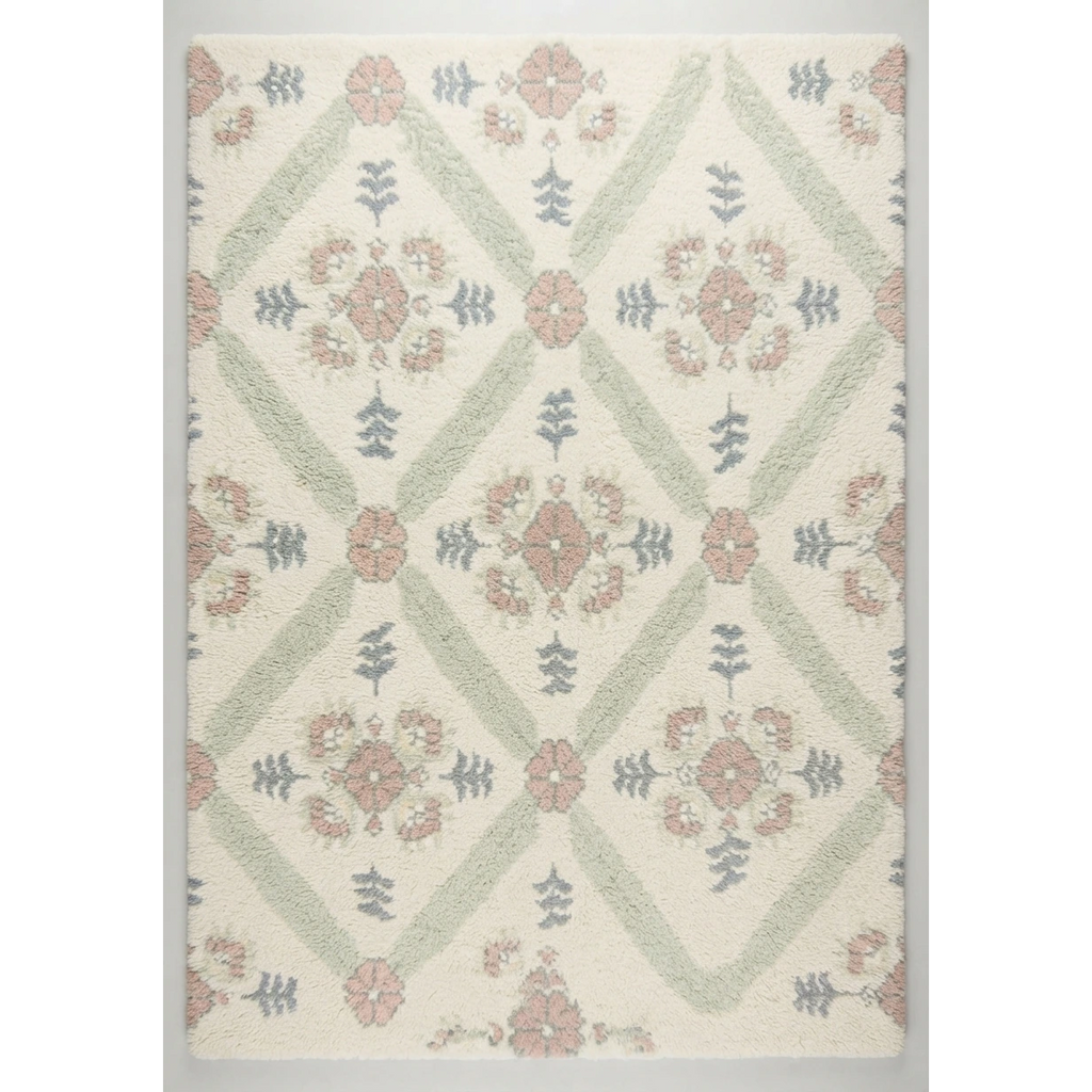 Ivory Floral Trellis Hand-Tufted Rug with Sage and Blush Accents - studio photo