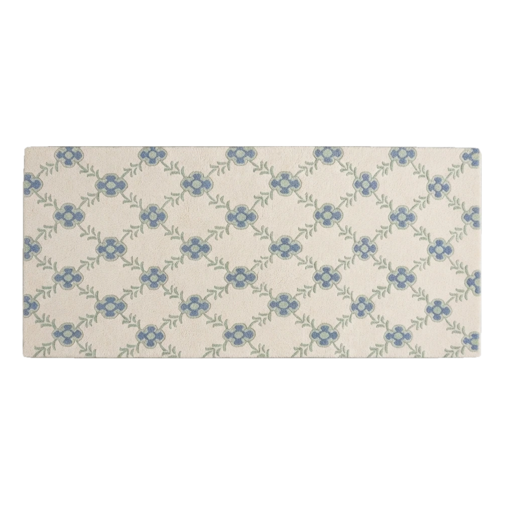 Ivory Floral Trellis Hand-Tufted Runner with Cornflower Blue Blooms - alternate view