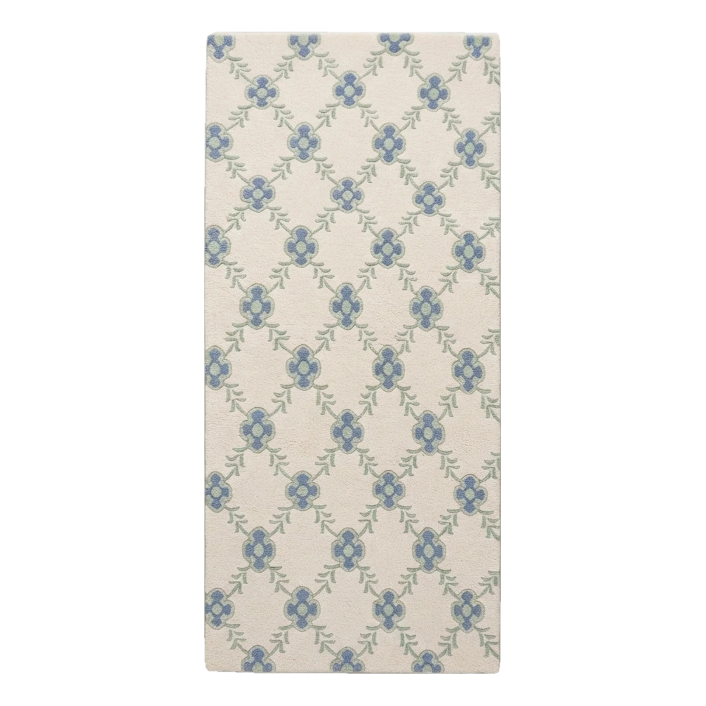Ivory Floral Trellis Hand-Tufted Runner with Cornflower Blue Blooms