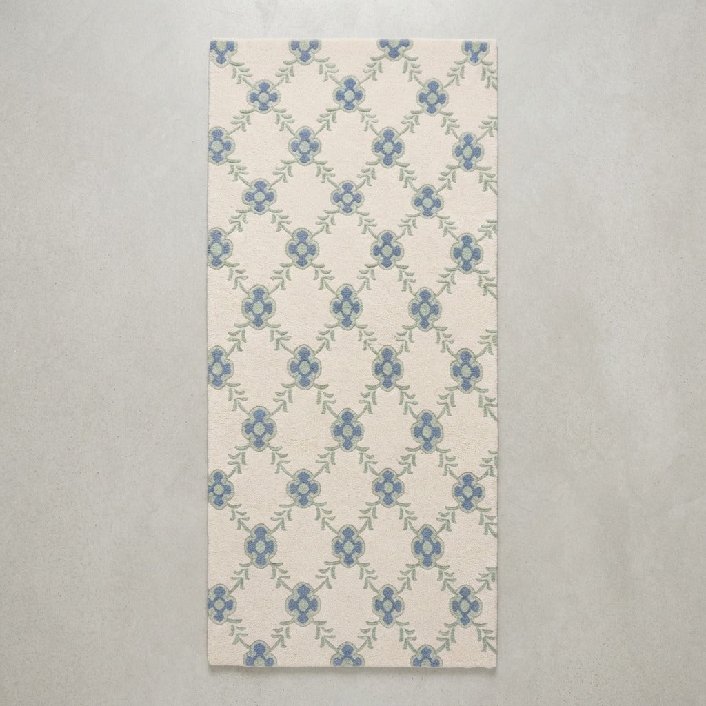 Ivory Floral Trellis Hand-Tufted Runner with Cornflower Blue Blooms - studio photo
