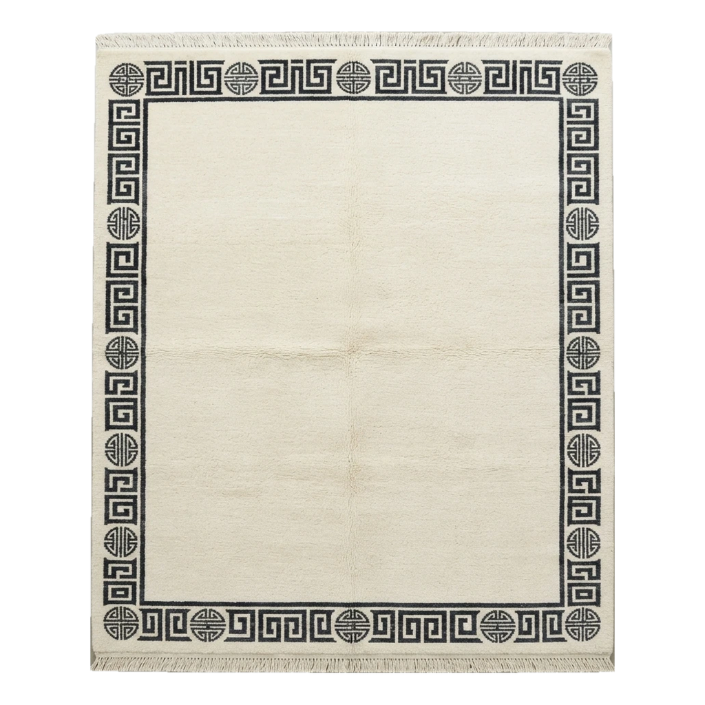Ivory Hand-Knotted Rug with Charcoal Greek Key and Shou Border