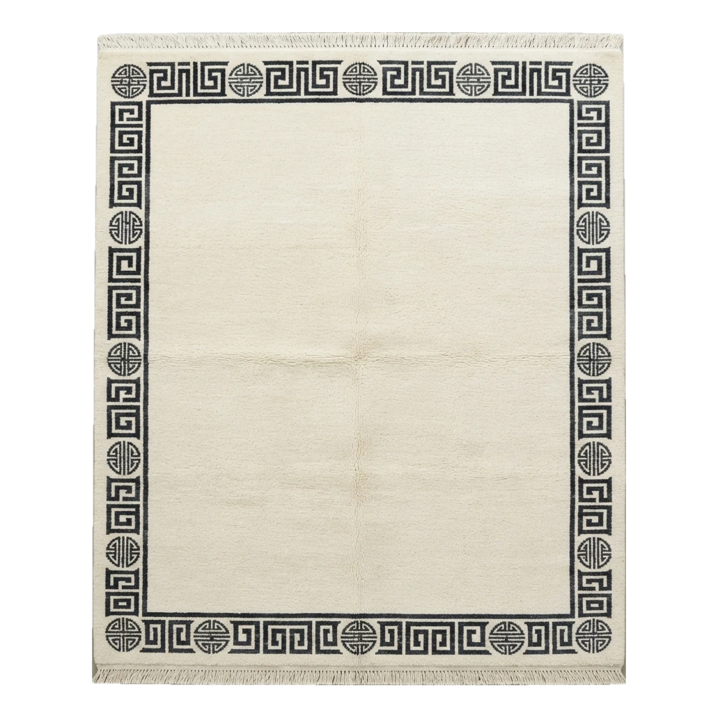 Ivory Hand-Knotted Rug with Charcoal Greek Key and Shou Border