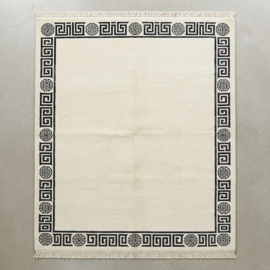 Ivory Hand-Knotted Rug with Charcoal Greek Key and Shou Border - studio photo