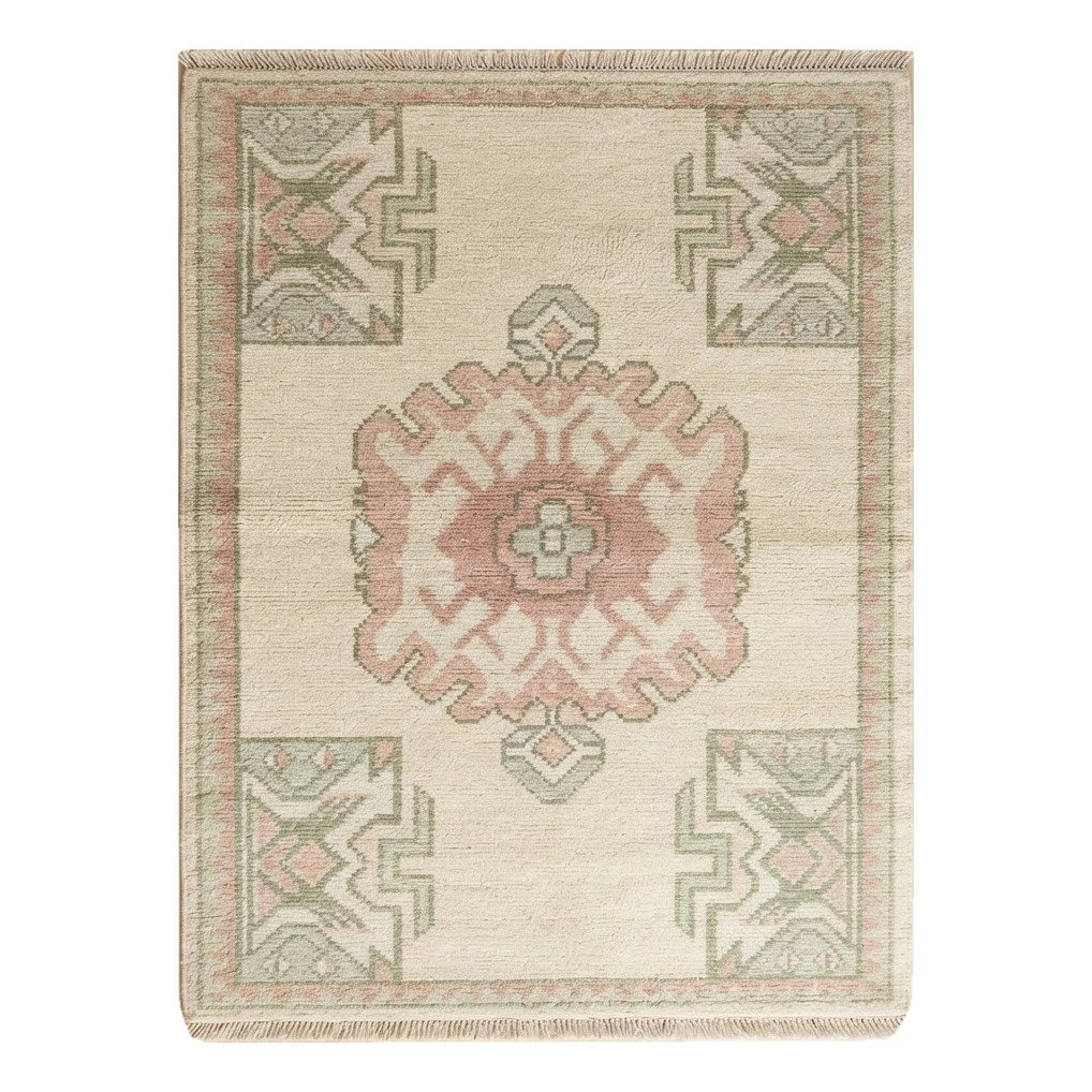 Ivory Hand-Knotted Rug with Dusty Rose Medallion and Sage Motifs - alternate view