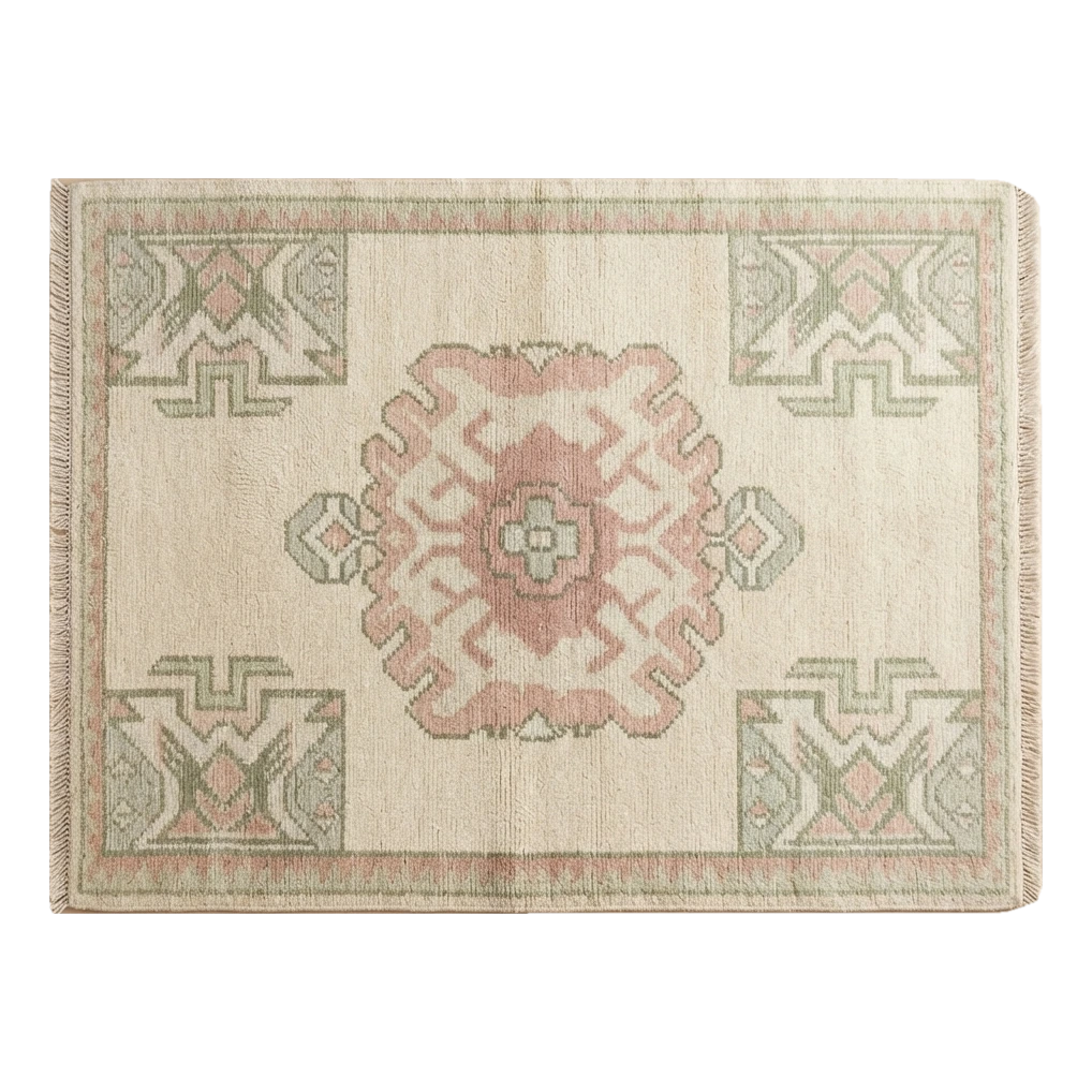 Ivory Hand-Knotted Rug with Dusty Rose Medallion and Sage Motifs