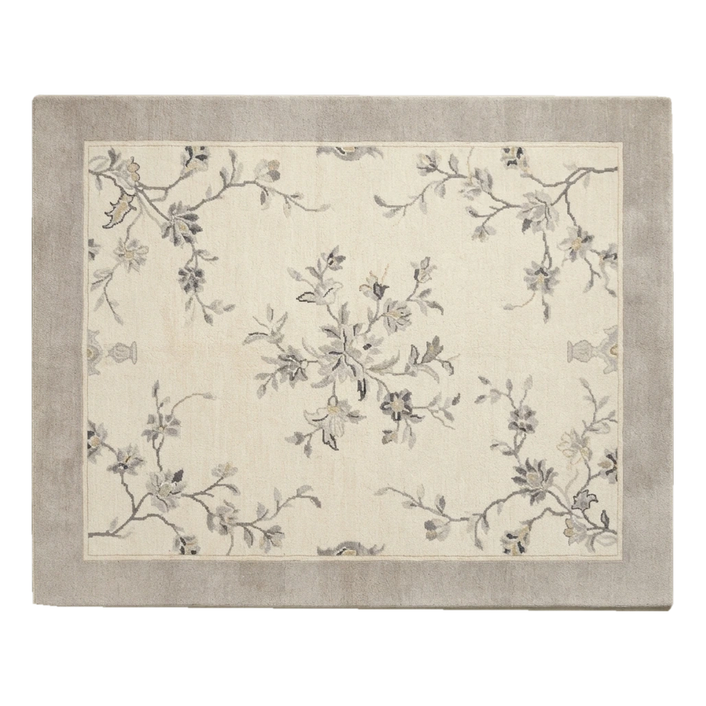 Ivory Hand-Knotted Rug with Grey Blossom Branches and Taupe Border - alternate view