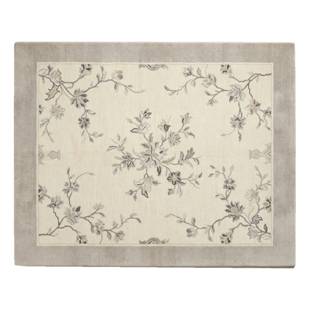 Ivory Hand-Knotted Rug with Grey Blossom Branches and Taupe Border - alternate view