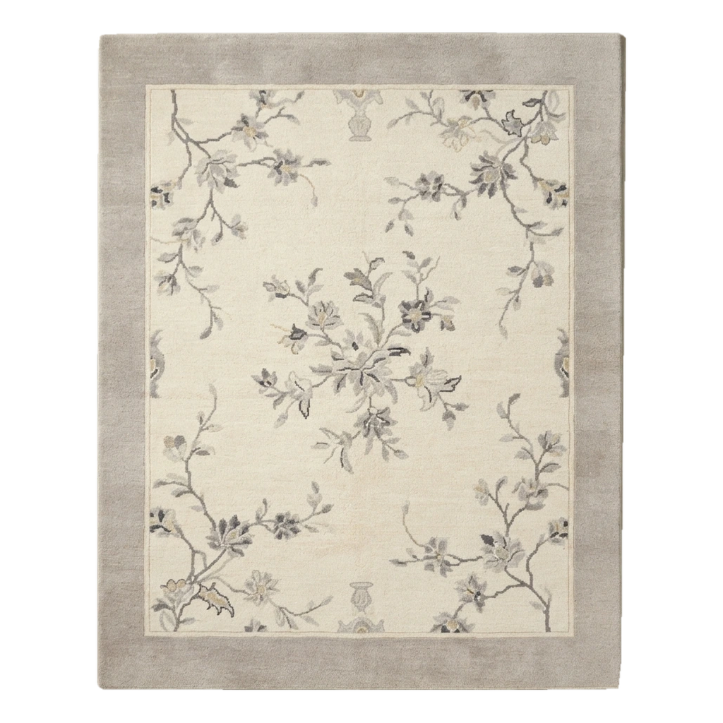 Ivory Hand-Knotted Rug with Grey Blossom Branches and Taupe Border