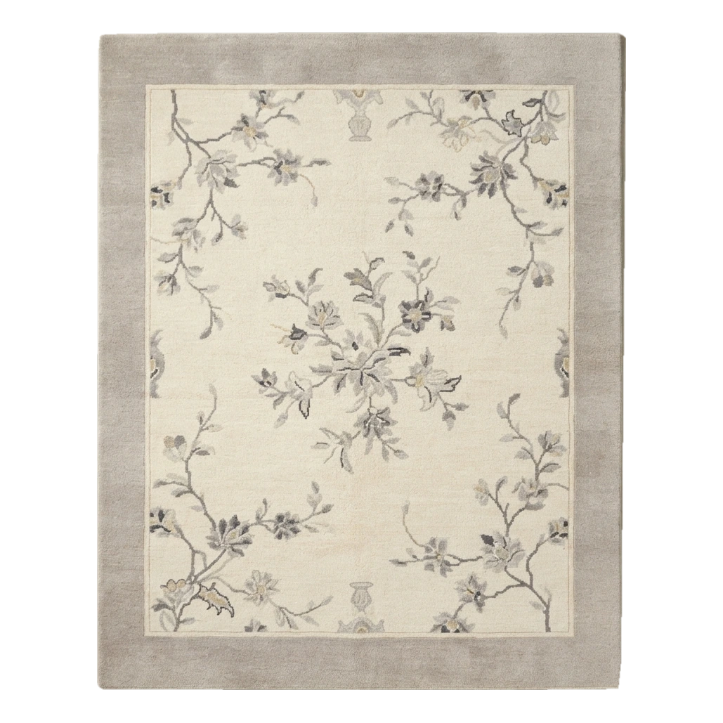 Ivory Hand-Knotted Rug with Grey Blossom Branches and Taupe Border