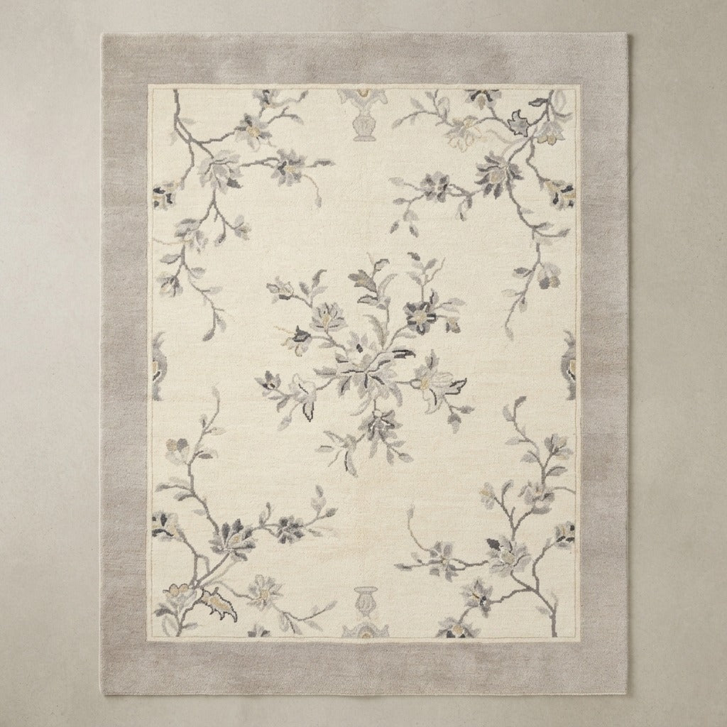 Ivory Hand-Knotted Rug with Grey Blossom Branches and Taupe Border - studio photo