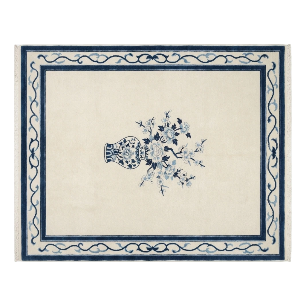 Ivory Hand-Knotted Rug with Navy Ribbon Border and Porcelain Vase - alternate view