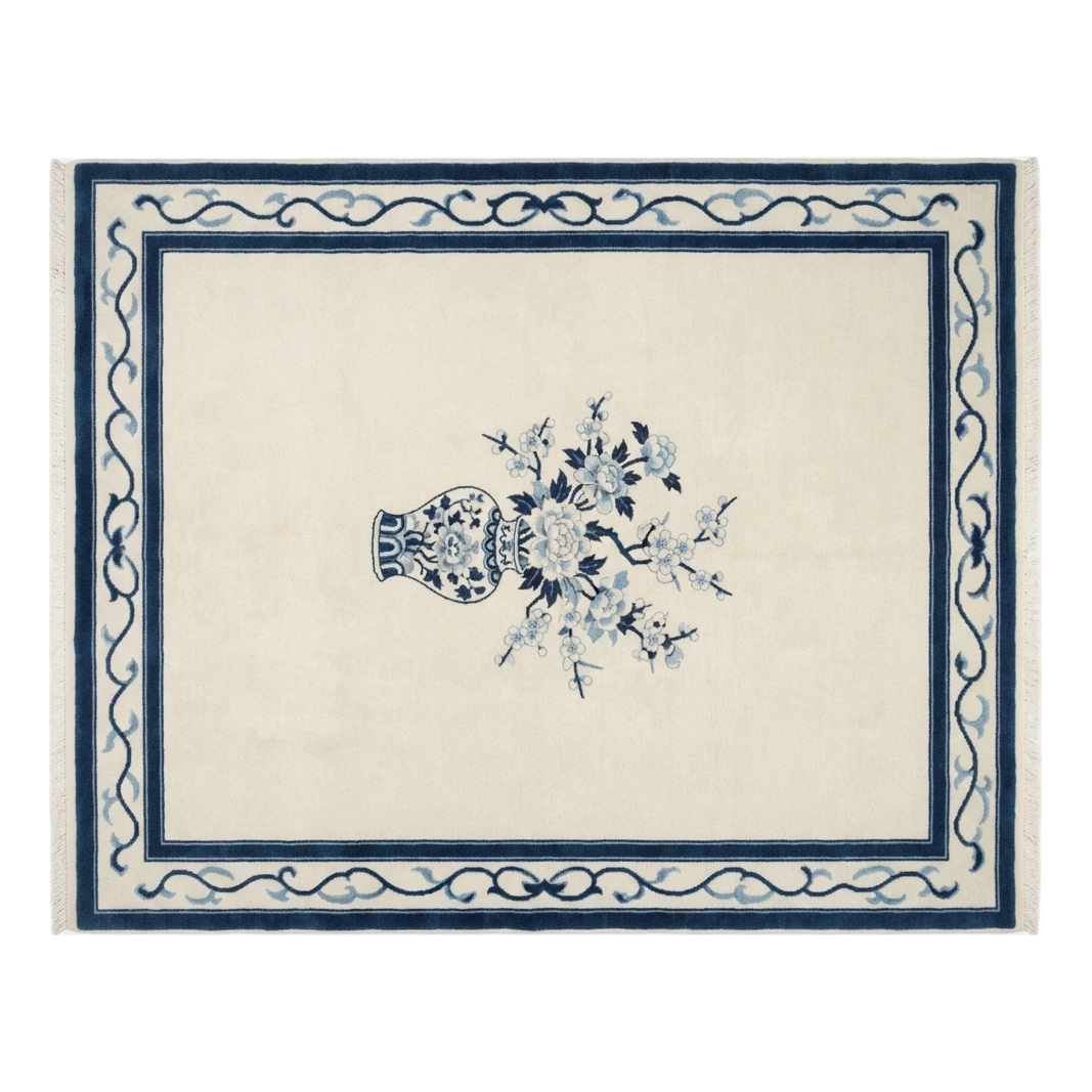 Ivory Hand-Knotted Rug with Navy Ribbon Border and Porcelain Vase - alternate view