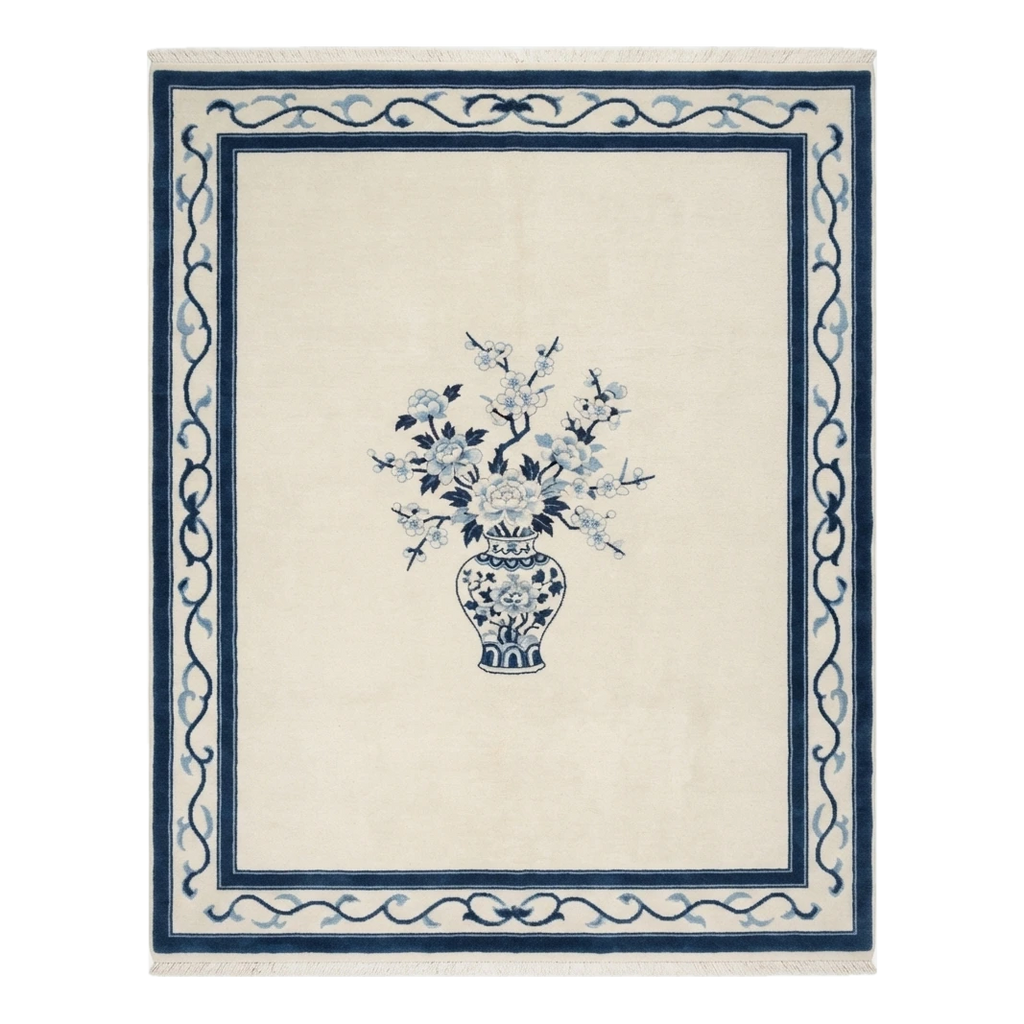 Ivory Hand-Knotted Rug with Navy Ribbon Border and Porcelain Vase