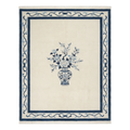 Ivory Hand-Knotted Rug with Navy Ribbon Border and Porcelain Vase