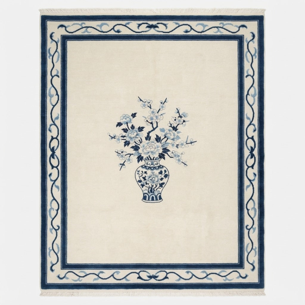 Ivory Hand-Knotted Rug with Navy Ribbon Border and Porcelain Vase - studio photo