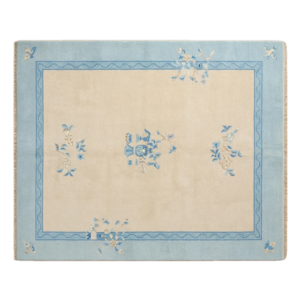 Ivory Hand-Knotted Rug with Powder Blue Border and Floral Sprays - alternate view