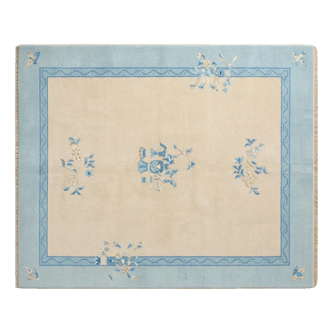 Ivory Hand-Knotted Rug with Powder Blue Border and Floral Sprays - alternate view