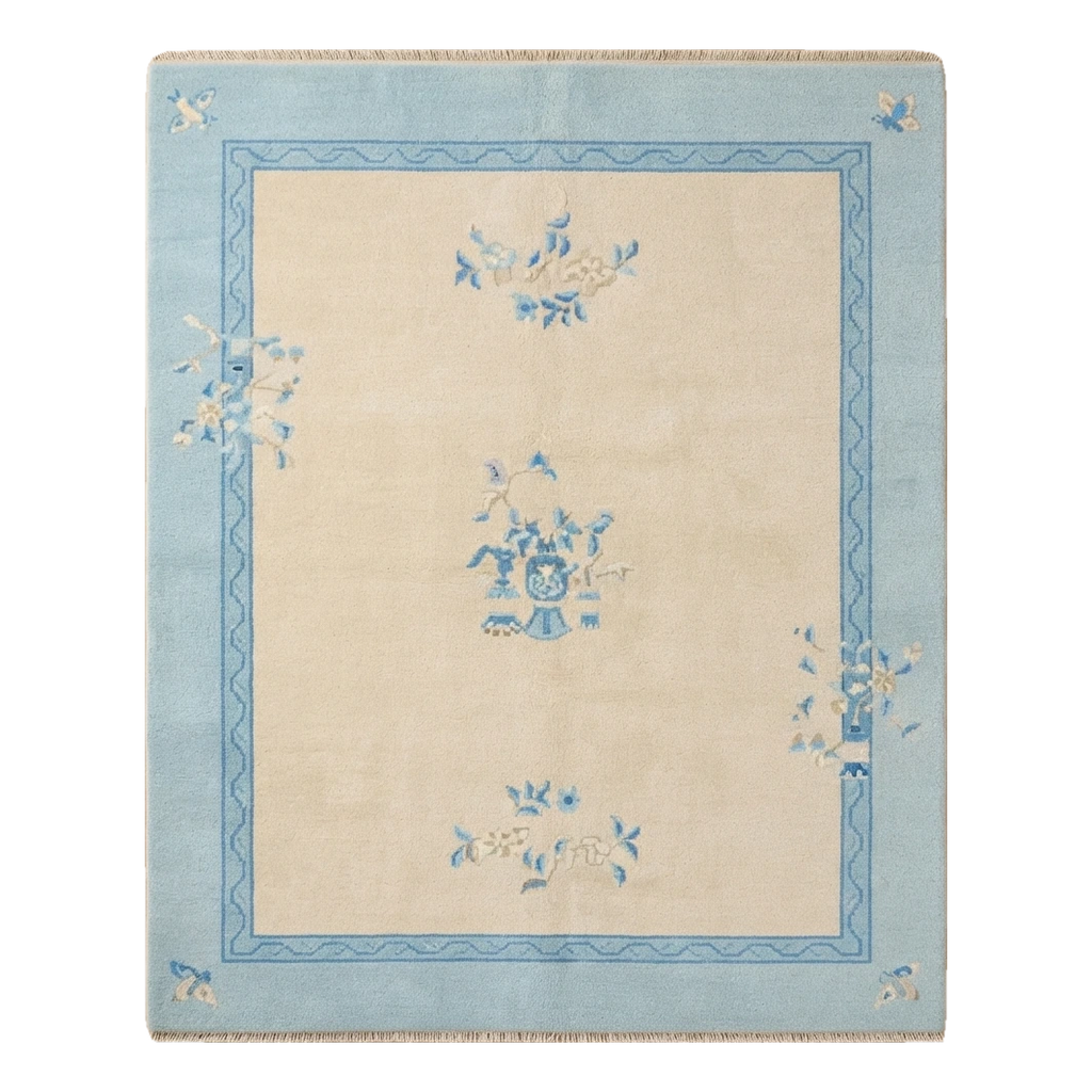 Ivory Hand-Knotted Rug with Powder Blue Border and Floral Sprays